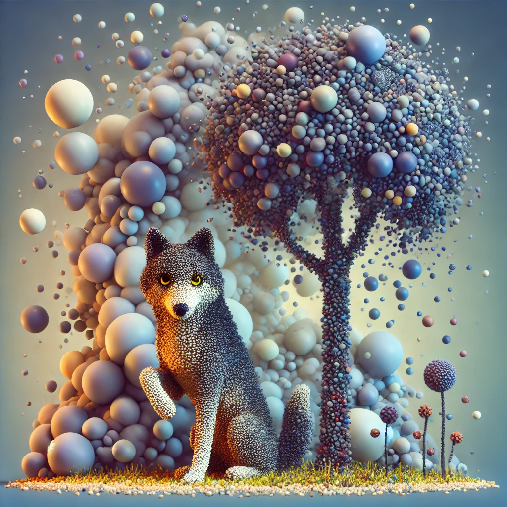 Pointillist Guardian Beneath a Bubble Sky